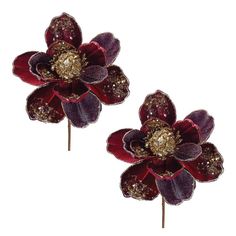 two red and gold flower hair pins with sequins on each side, set against a white background