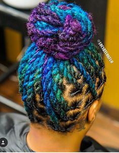 #coloredlocs #updolocs Blue And Purple Locs, Turquoise Locs, Green Locs, Blue Locs, Purple Locs, Double Strand Twist, Locs Color, Colored Dreads