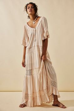 Flowy Beige Bohemian Maxi Dress, Bohemian Tiered Cream Maxi Dress, Bohemian Beige Floor-length Maxi Dress, Beige V-neck Bohemian Boho Dress, Long Flowy Dress, Bohemian Off-white Ruffled Maxi Dress, Cocktail Wear, Floral Slip Dress, Women's Circle