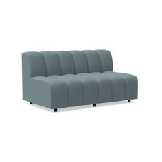 a blue couch with black legs on a white background