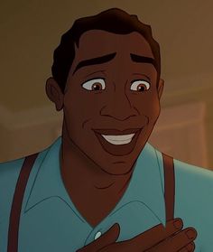 an animated man is smiling and holding his hands together in front of him, with one hand on his chest