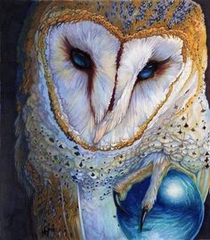 an owl with blue eyes is shown in this painting