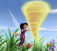 an animated image of a woman flying through the air with her arms outstretched in front of a tornado