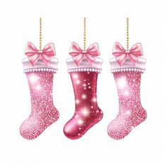 three christmas stockings with pink bows and pearls hanging from chains on a white background,