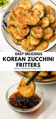 korean zucchini fritters on a plate with dipping sauce in the middle