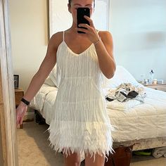 Brand New, Only Wore To Try On. Elegant Summer Flapper Dress With Feather Trim, White Glamorous Flapper Dress For Wedding, Elegant Summer Wedding Flapper Dress, Summer Wedding Dress With Feathers, White Fringe, Fringe Dress, Feather Dress, Wedding Board, Dress White