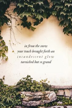 a stone wall with ivy growing over it and a quote written on the side that says in from the snow, your touch brought forth