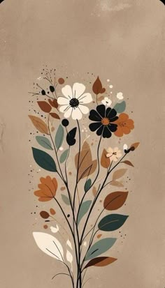 an abstract painting with flowers and leaves in brown, white, orange and blue colors