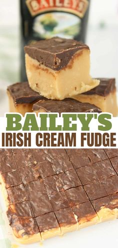 bailey's irish cream fudge bars stacked on top of each other with text overlay