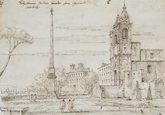 a drawing of an old building with a tower and people in the foreground looking at it