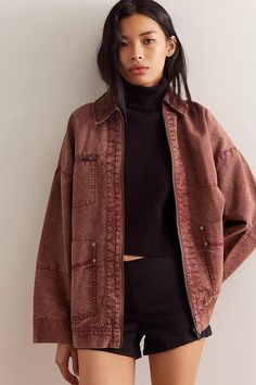 We The Free Easy That Canvas Jacket | Free People Cute Womens Jackets, Oversize Black Jean Jacket Outfit, Women’s Fall Style, Womens Chore Jacket, Jacket Types Women, Waffle Jacket Outfit, Free People Fall 2024, Hippy Office Wear, Canvas Jacket Outfit Women