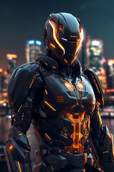 a futuristic man standing in front of a city at night