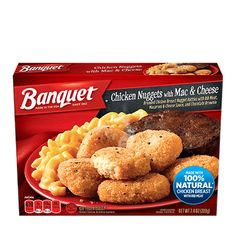 a box of banquet chicken nuggets and macaroni on a red plate