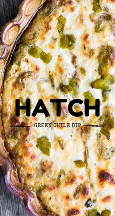 a pizza with cheese and green peppers on it sitting on a wooden table next to the words hatch