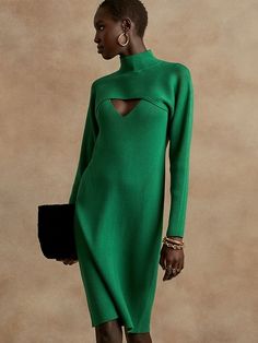 Knitwear Fashion, Modern Minimalism, Banana Republic Dress, 가을 패션, Dress Set, Knit Fashion, Mode Inspiration, V Neck Dress, Emerald Green