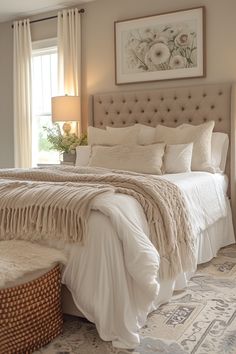 a bedroom with a large bed covered in white blankets and pillows next to a window