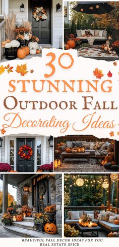 an outdoor fall decorating idea with pumpkins and other decorations on the front porch