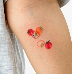 Cherry Tomatoes Tomato Tattoo Traditional Tattoo Cherry Blossom, Cherry Flash Tattoo, Food Related Tattoos, Gummy Worm Tattoo, Cherry Tomato Tattoo, Tomato Vine Tattoo, Passionfruit Tattoo, Salad Tattoo, Kitchen Tattoo Ideas