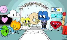 cartoon characters are standing in front of a wedding arch with balloons and flowers on it