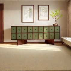 a living room scene with focus on the sideboard and dresser in the foreground