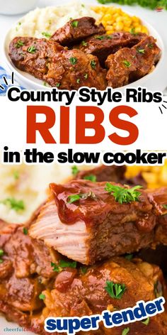 ribs in the slow cooker with text overlay country style ribs in the slow cooker