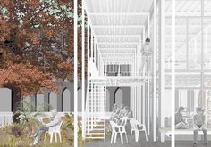 an artist's rendering of people sitting at tables under a tree