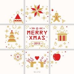 merry xmas greeting card with christmas decorations and symbols in gold, red and white