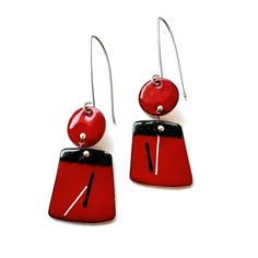 Affordable Red Enamel Earrings, Handmade Red Enamel Jewelry, Red Enamel Earrings, Artistic Enamel Dangle Earrings, Unique Red Enamel Earrings, Abstract Earrings, Enameled Copper, Artful Home, Red Earrings