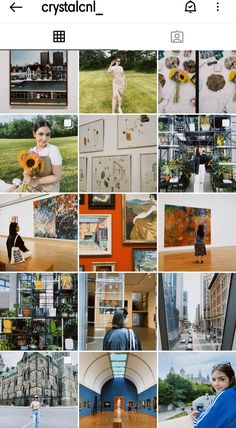 a collage of photos with people and buildings in the background, one woman is holding flowers