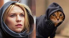 a woman wearing a hoodie with a cat on her head and an orange tabby cat in front of her