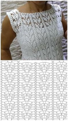 a woman wearing a white top with crochet on the bottom and an image of a