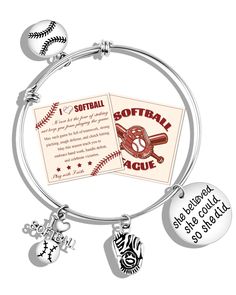 a baseball bracelet with charms on it and a card attached to the clasp that says softball league