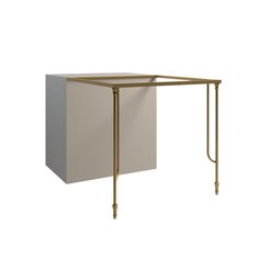 a white and gold table with a metal frame on it's legs, against a white background