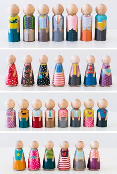 several wooden peg dolls lined up in rows