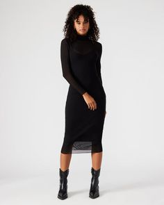 VIVIENNE Dress Black | Women's Mock Neck Midi Dress Sheer Overlay Dress, Mock Neck Midi Dress, Steve Madden Store, The Vivienne, Apparel Merchandising, Dress With Boots, Tank Dress, Mesh Fabric, Pullover Styling