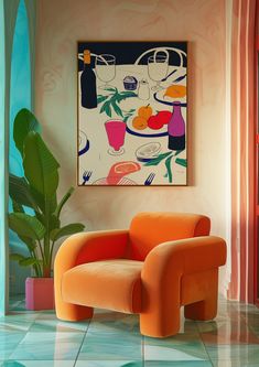 an orange chair sitting in front of a painting on the wall next to a potted plant