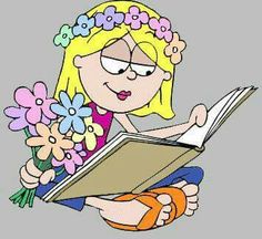 a cartoon girl reading a book with flowers around her