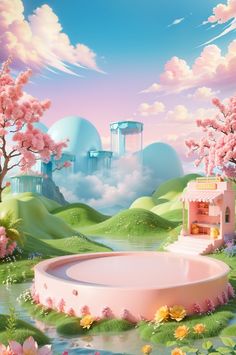 there is a pink water fountain in the middle of a field with trees and flowers