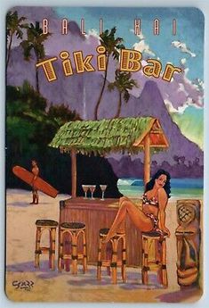 a painting of a woman sitting at a bar on the beach with tiki bar