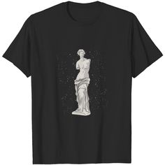 a black t - shirt with an image of the statue of liberty in white ink