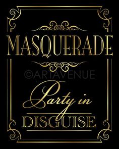 the masquerade party in disquee logo on a black and gold background