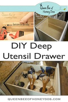 an open drawer with utensils in it and the words diy deep utensil drawer