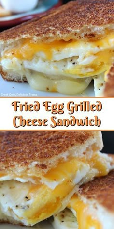 grilled egg and cheese sandwich on white plate with text overlay that reads, fried egg grilled cheese sandwich