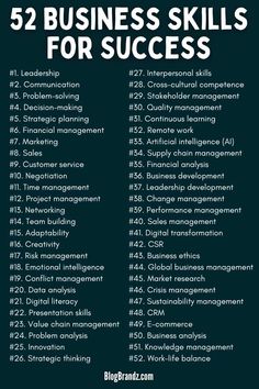 a black and white poster with the words 52 business skills for success