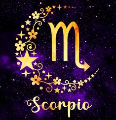 the zodiac sign for scorpio on a purple background with stars and swirls