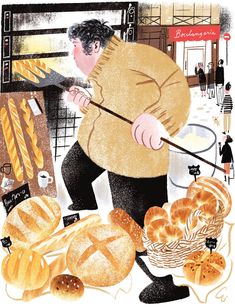 an illustration of a man holding a large spatula in front of bread and buns