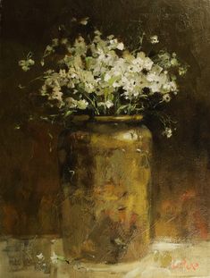 a painting of white flowers in a yellow vase