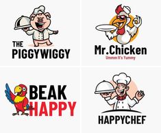 four different logos for the happy chicken restaurant