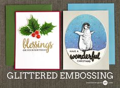 three christmas cards, one with a penguin and the other with holly