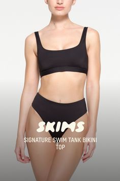 The signature SKIMS scoop neck top, now available as a classic swimwear style. A flattering scoop neck bikini top with an underband and thick straps for added support, this style is made for versatile wear. Fits true to size. | SKIMS Tank Bikini Top | Grey | 3XL | Signature Swim Classic Swimwear, Swimwear Style, Swim Tank, Tank Bikinis, Scoop Neck Top, Swimwear Fashion, Black Media, Scoop Neck, Lounge Wear